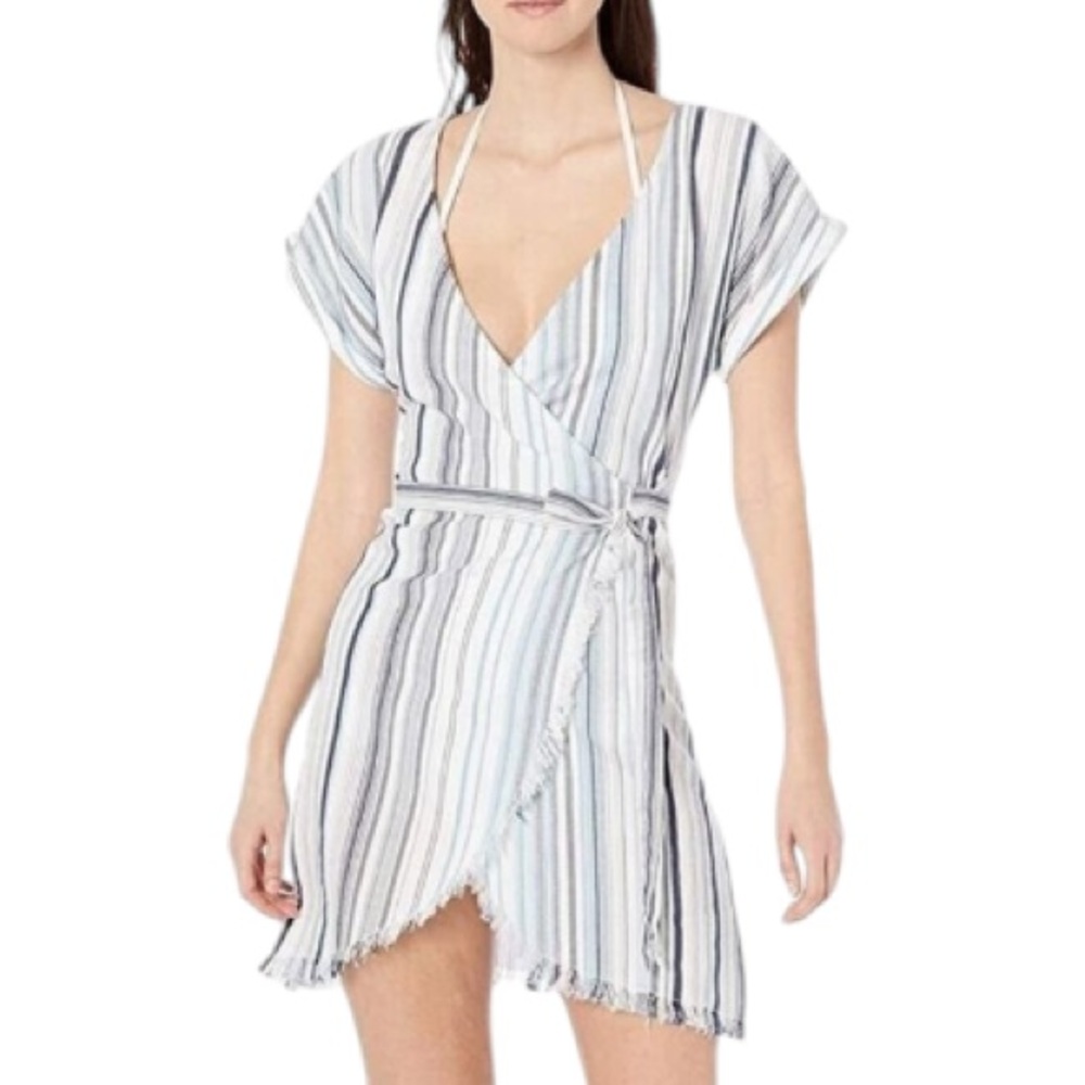 Splendid blue stripe cotton beach coverup wrap dress size small